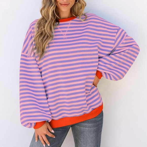 Ueu Tops - UEU Oversized Lagenlook Striped Crewneck Pullover Sweatshirt. Pink Purple Stripe